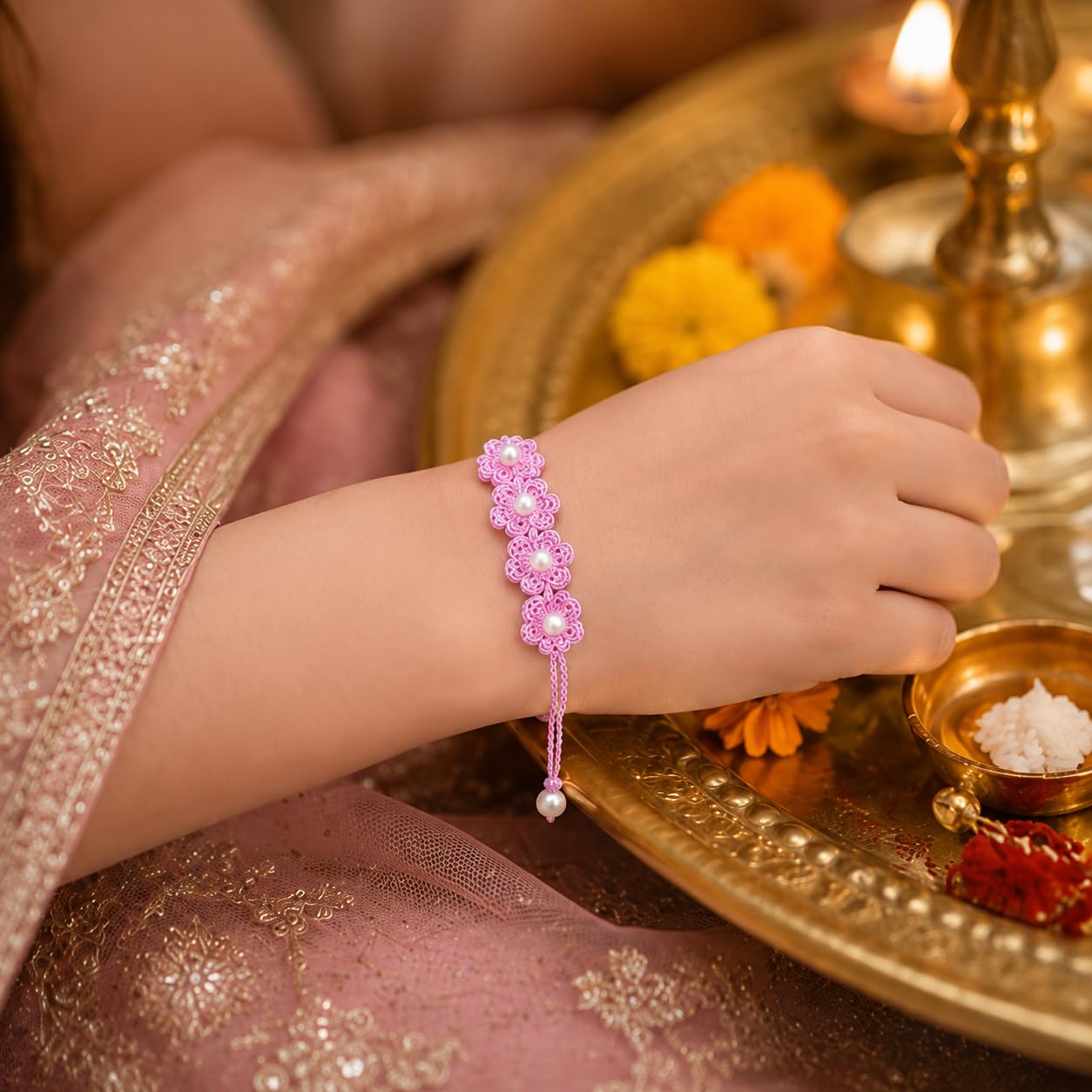 Handmade Crochet Flower Rakhi for Brother & Sister | Pink Floral Rakhi with Pearl Design | Soft Cotton Thread Handcrafted Rak