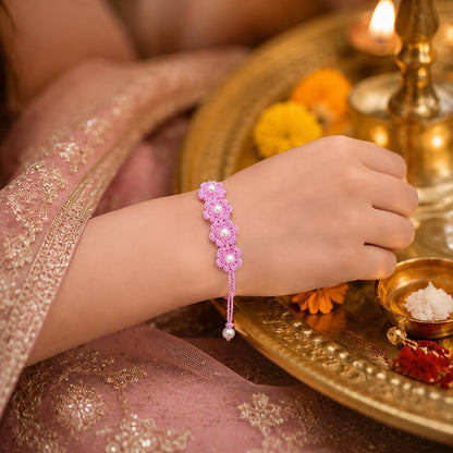Handmade Crochet Flower Rakhi for Brother & Sister | Pink Floral Rakhi with Pearl Design | Soft Cotton Thread Handcrafted Rak