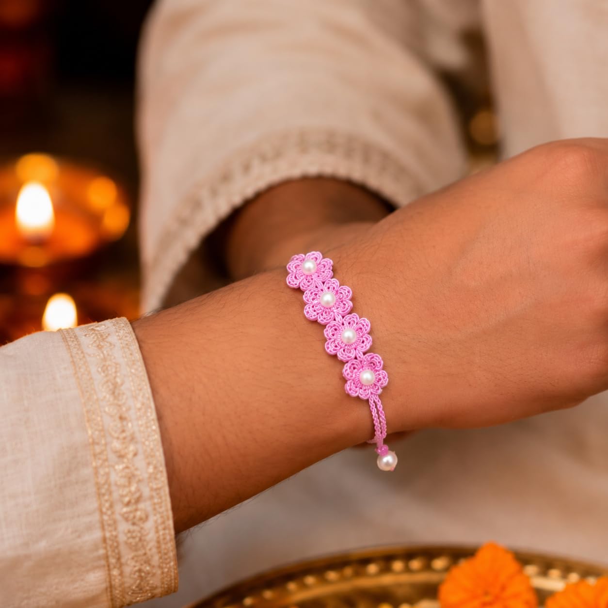 Handmade Crochet Flower Rakhi for Brother & Sister | Pink Floral Rakhi with Pearl Design | Soft Cotton Thread Handcrafted Rak