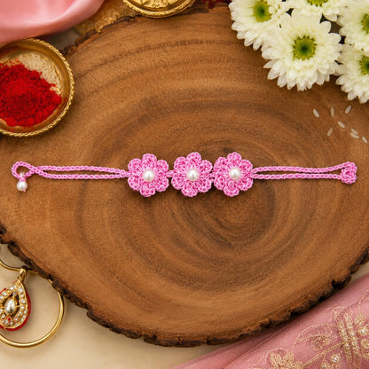 Handmade Crochet Flower Rakhi for Brother & Sister | Pink Floral Rakhi with Pearl Design | Soft Cotton Thread Handcrafted Rak