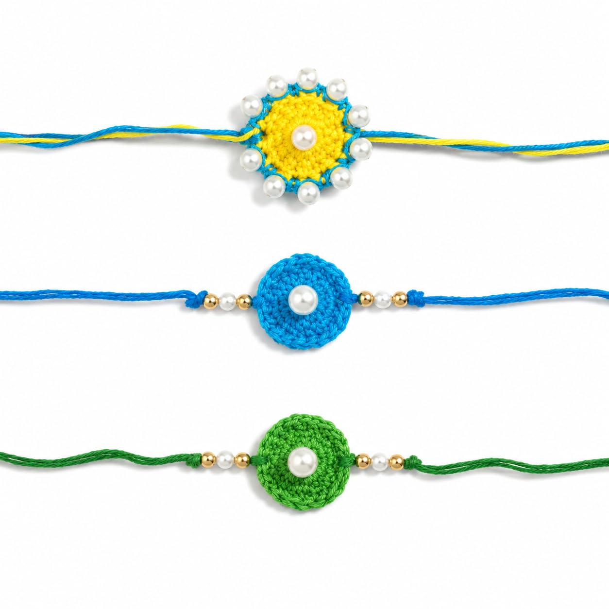 Handmade Crochet Rakhi Set of 3 with Pearl Design for Boys & Kids