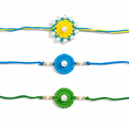 Handmade Crochet Rakhi Set of 3 with Pearl Design for Boys & Kids