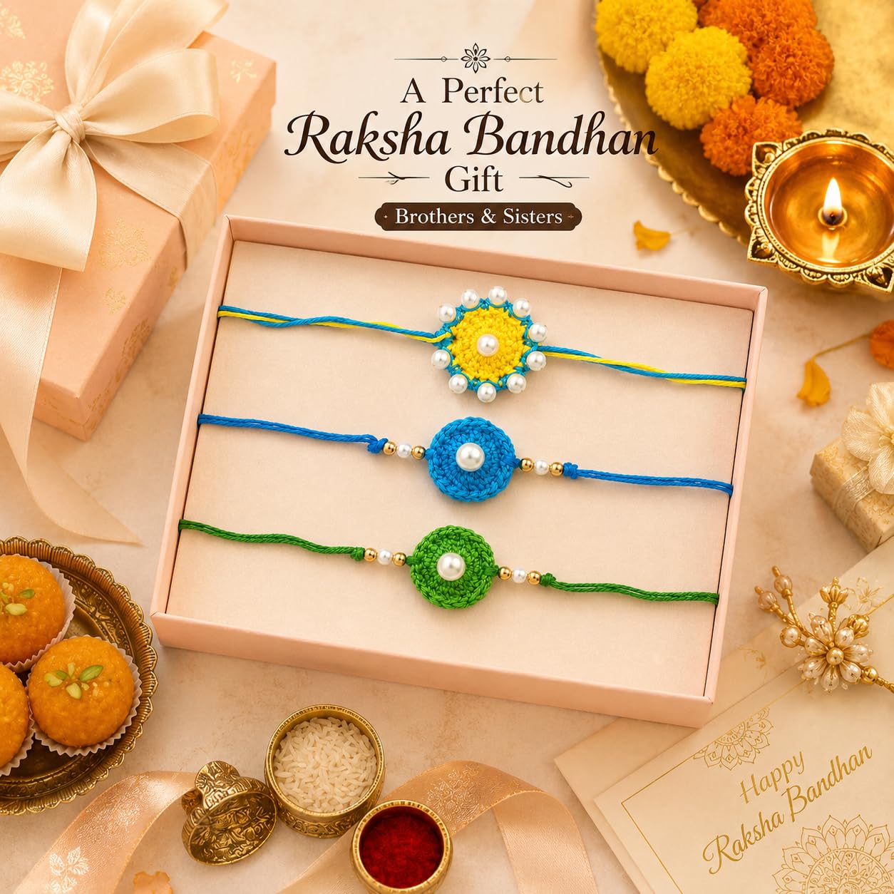 Handmade Crochet Rakhi Set of 3 with Pearl Design for Boys & Kids - front view