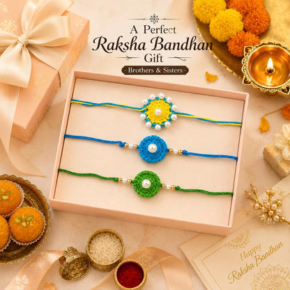 Handmade Crochet Rakhi Set of 3 with Pearl Design for Boys & Kids - front view