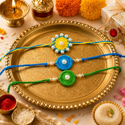 Handmade Crochet Rakhi Set of 3 with Pearl Design for Boys & Kids - back view
