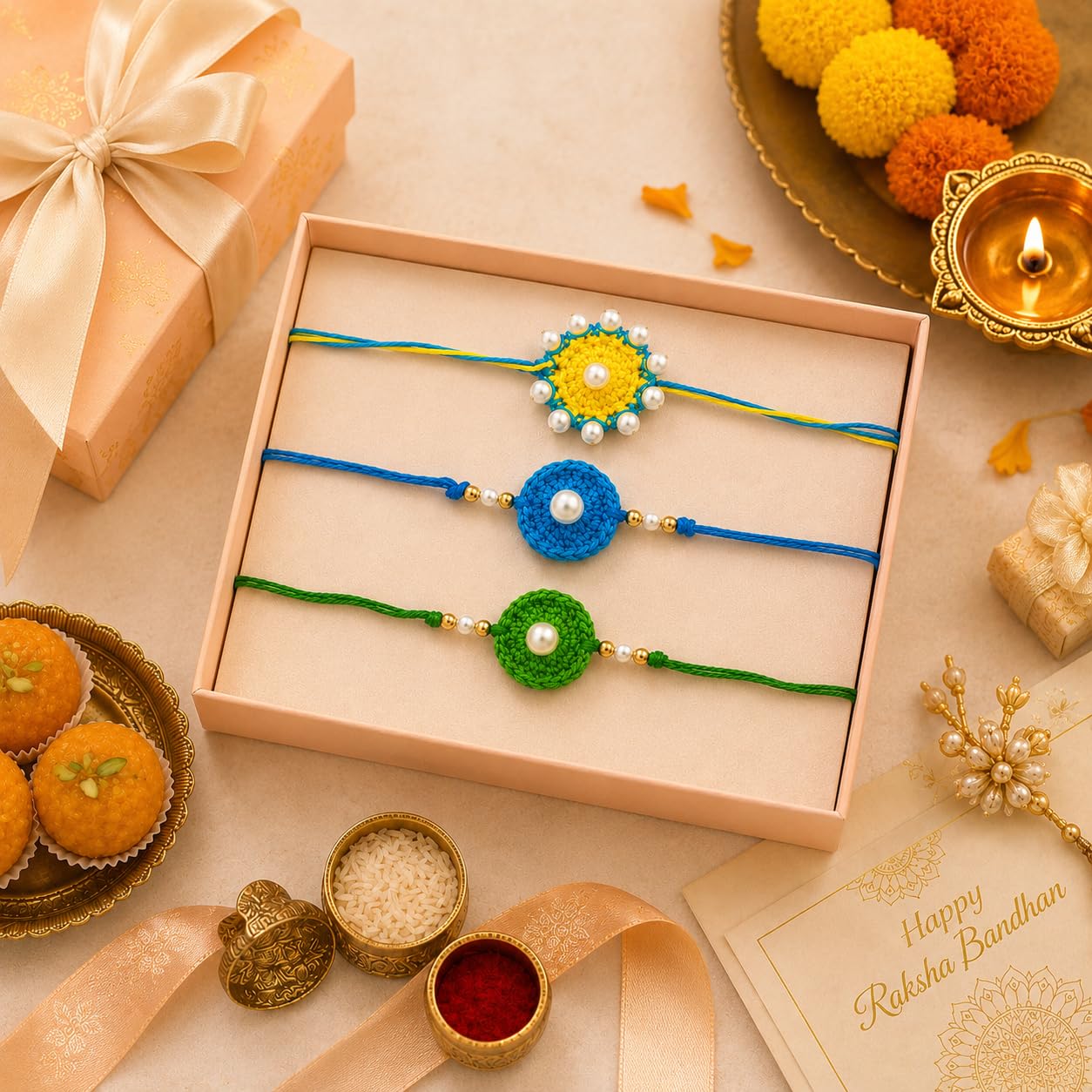 Handmade Crochet Rakhi Set of 3 with Pearl Design for Boys & Kids - ingredients panel