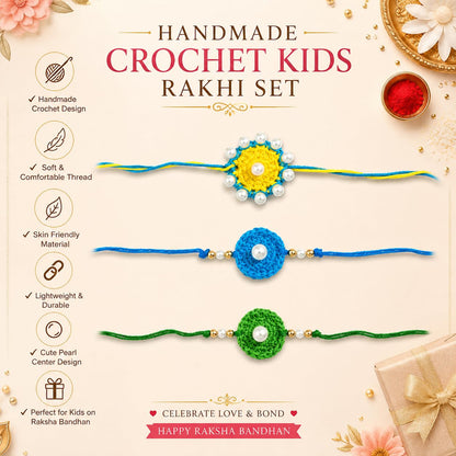 Handmade Crochet Rakhi Set of 3 with Pearl Design for Boys & Kids - close-up detail