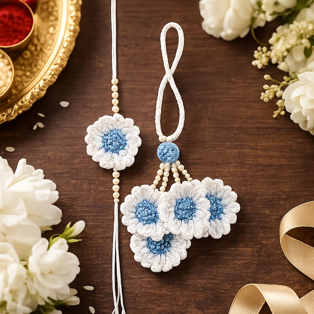 Handmade Crochet White Sky Blue Flower Rakhi for Brother | Cotton Thread Floral Designer Rakhi with Pearl Beads | Soft Skin-F