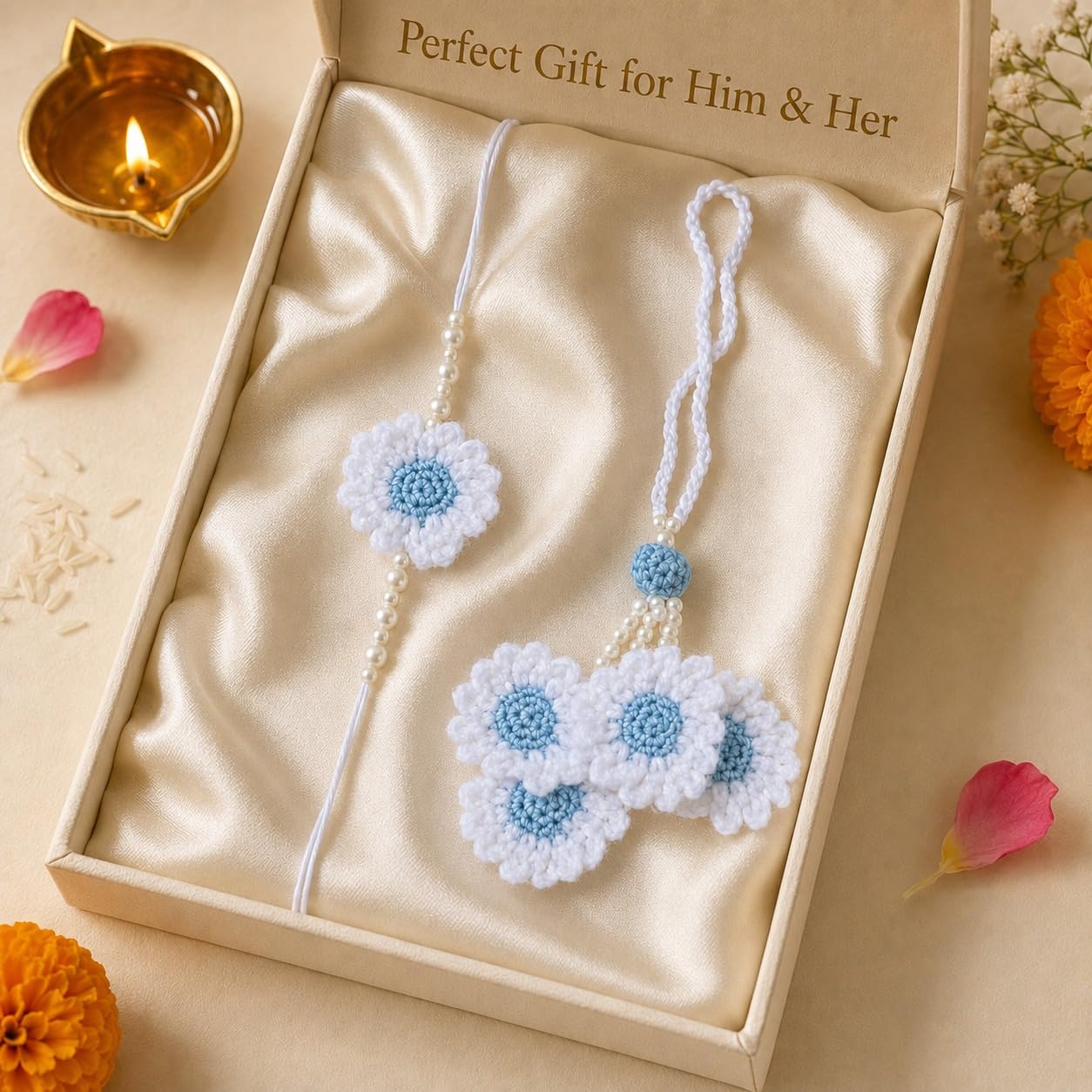 Handmade Crochet White Sky Blue Flower Rakhi for Brother | Cotton Thread Floral Designer Rakhi with Pearl Beads | Soft Skin-F