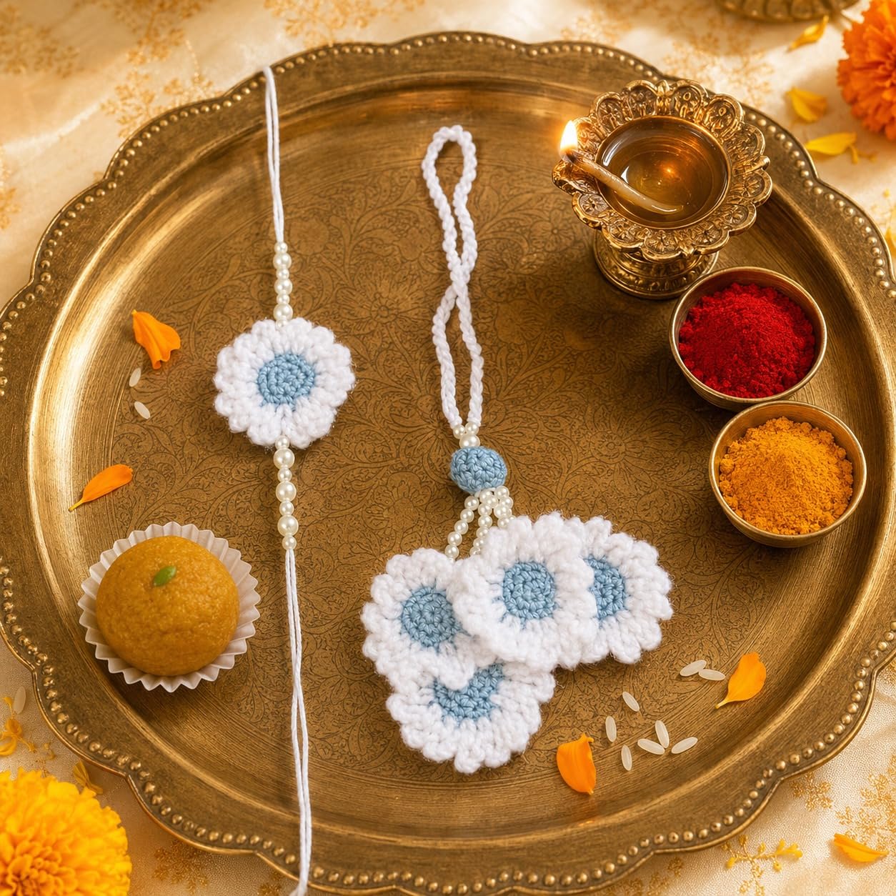 Handmade Crochet White Sky Blue Flower Rakhi for Brother | Cotton Thread Floral Designer Rakhi with Pearl Beads | Soft Skin-F