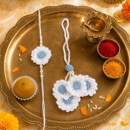 Handmade Crochet White Sky Blue Flower Rakhi for Brother | Cotton Thread Floral Designer Rakhi with Pearl Beads | Soft Skin-F
