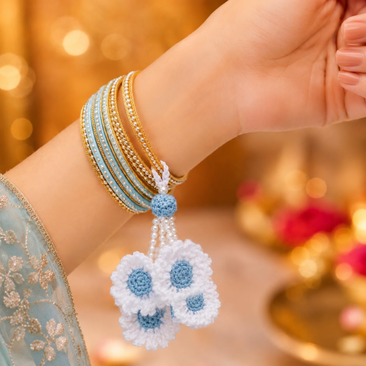 Handmade Crochet White Sky Blue Flower Rakhi for Brother | Cotton Thread Floral Designer Rakhi with Pearl Beads | Soft Skin-F