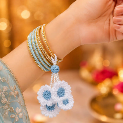 Handmade Crochet White Sky Blue Flower Rakhi for Brother | Cotton Thread Floral Designer Rakhi with Pearl Beads | Soft Skin-F