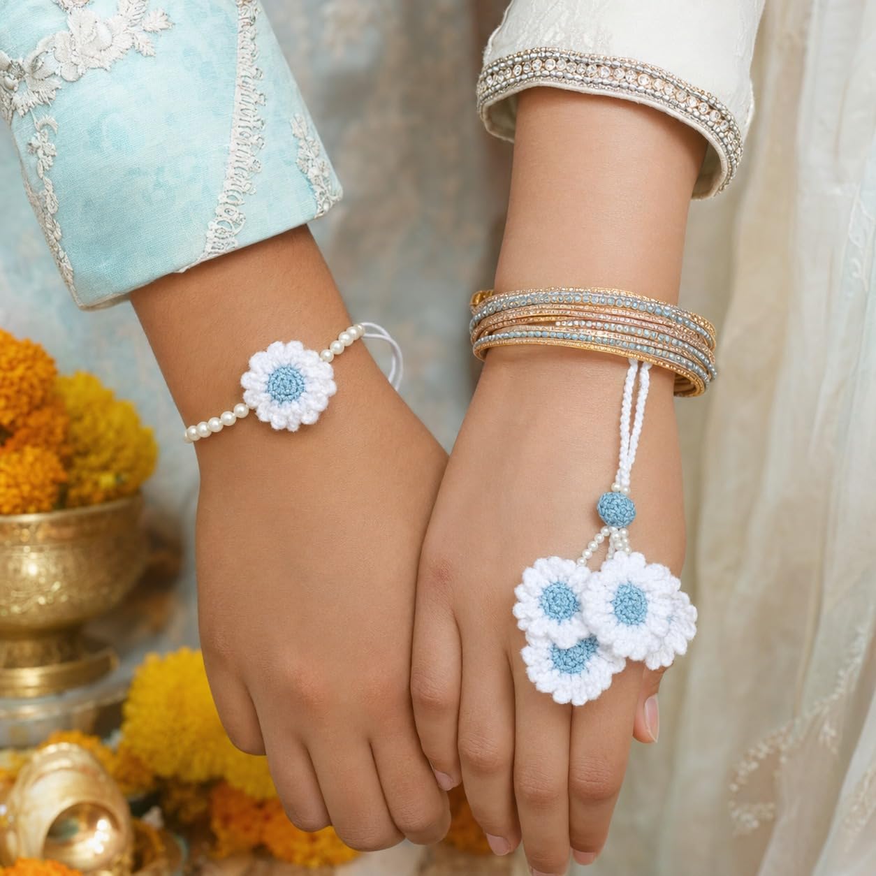 Handmade Crochet White Sky Blue Flower Rakhi for Brother | Cotton Thread Floral Designer Rakhi with Pearl Beads | Soft Skin-F