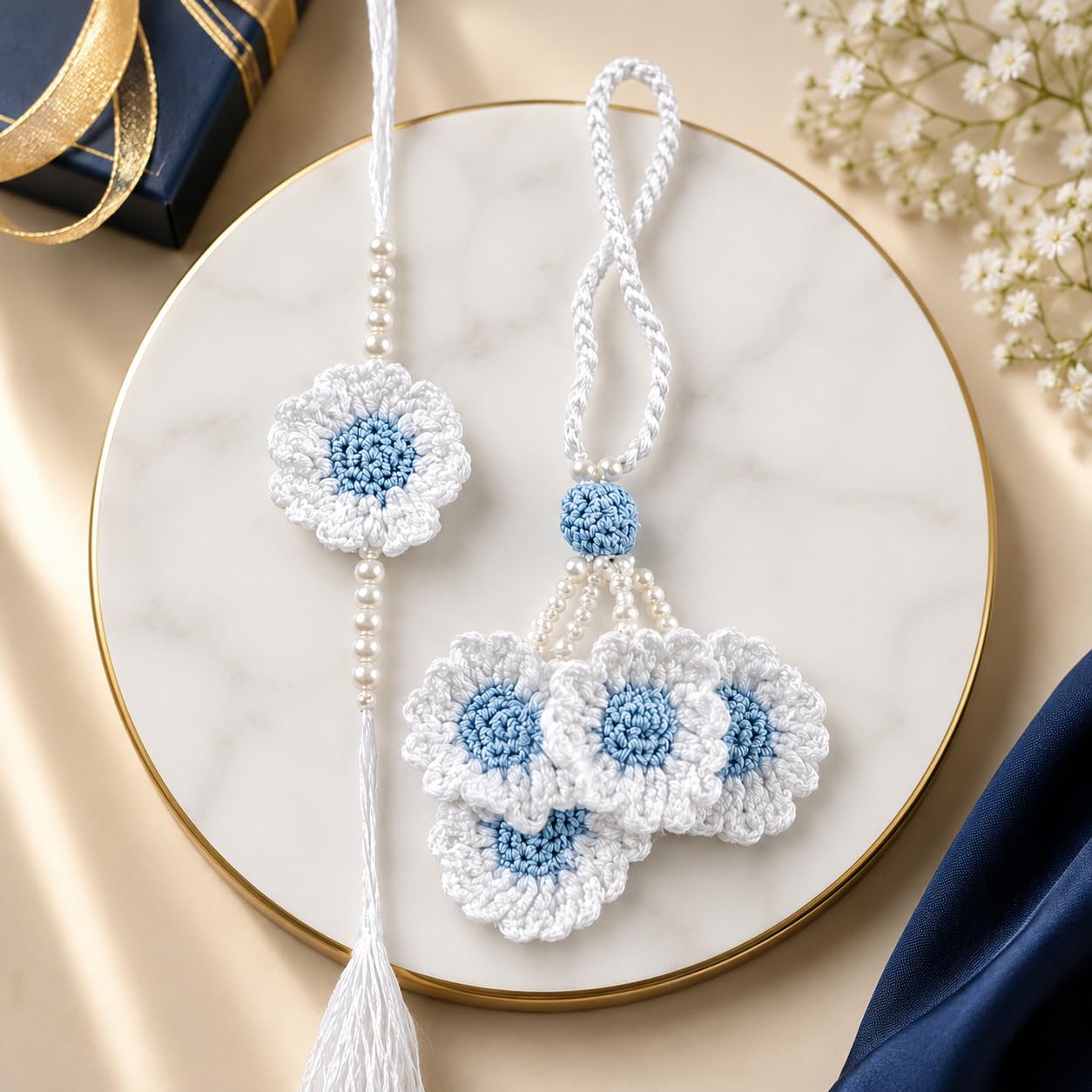 Handmade Crochet White Sky Blue Flower Rakhi for Brother | Cotton Thread Floral Designer Rakhi with Pearl Beads | Soft Skin-F