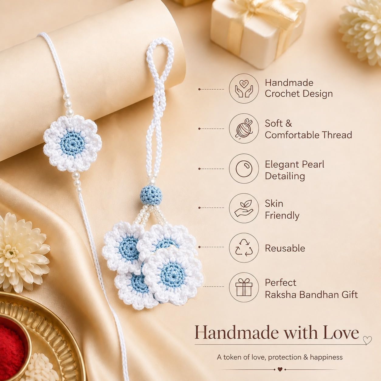 Handmade Crochet White Sky Blue Flower Rakhi for Brother | Cotton Thread Floral Designer Rakhi with Pearl Beads | Soft Skin-F