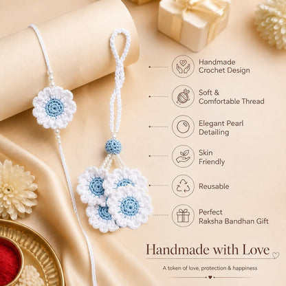Handmade Crochet White Sky Blue Flower Rakhi for Brother | Cotton Thread Floral Designer Rakhi with Pearl Beads | Soft Skin-F