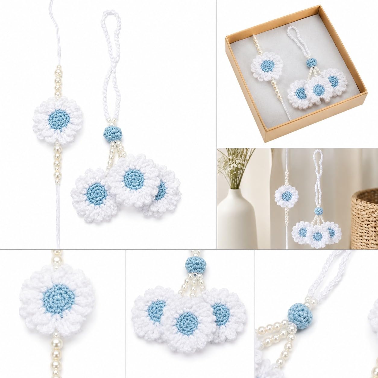 Handmade Crochet White Sky Blue Flower Rakhi for Brother | Cotton Thread Floral Designer Rakhi with Pearl Beads | Soft Skin-F