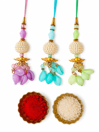 Handmade Lumba Rakhi Set Pearl Bead & Colorful Tassel Bhabhi Pack Of 3 - front view