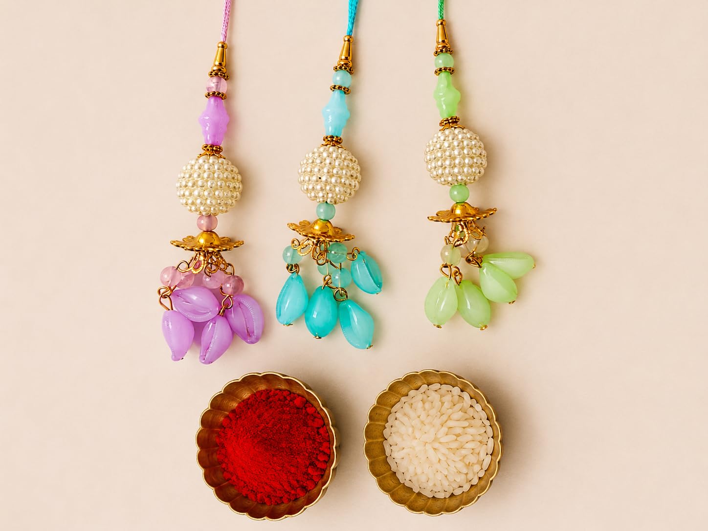 Handmade Lumba Rakhi Set Pearl Bead & Colorful Tassel Bhabhi Pack Of 3 - back view