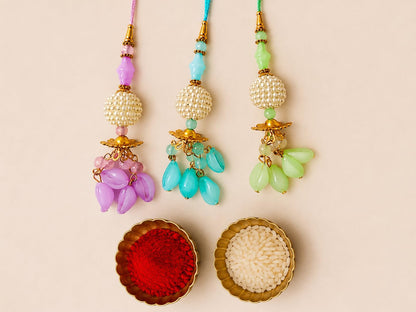 Handmade Lumba Rakhi Set Pearl Bead & Colorful Tassel Bhabhi Pack Of 3 - back view