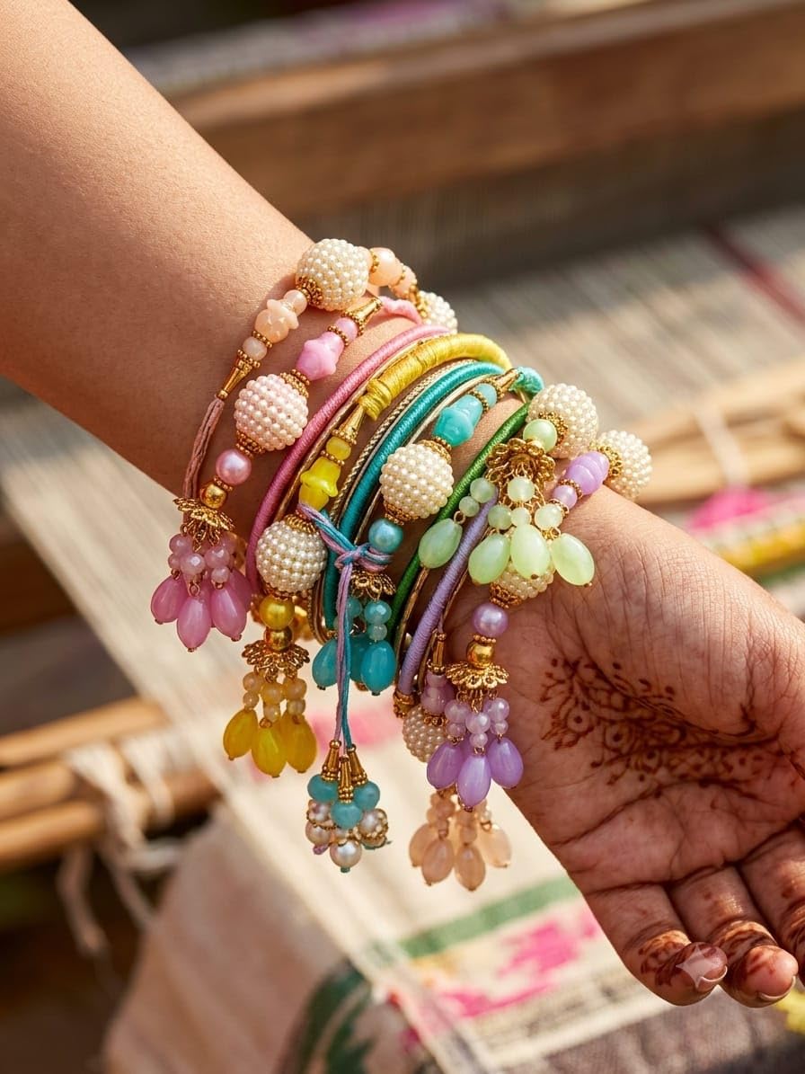 Handmade Lumba Rakhi Set Pearl Bead & Colorful Tassel Bhabhi Pack Of 3 - packaging