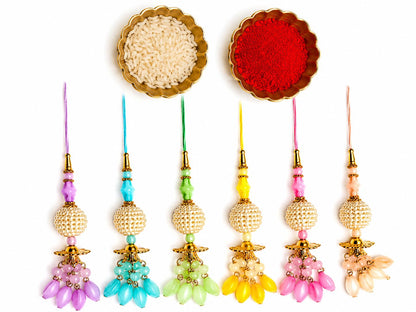 Handmade Lumba Rakhi Set Pearl Bead & Colorful Tassel Bhabhi Pack Of 3 - front view (6)