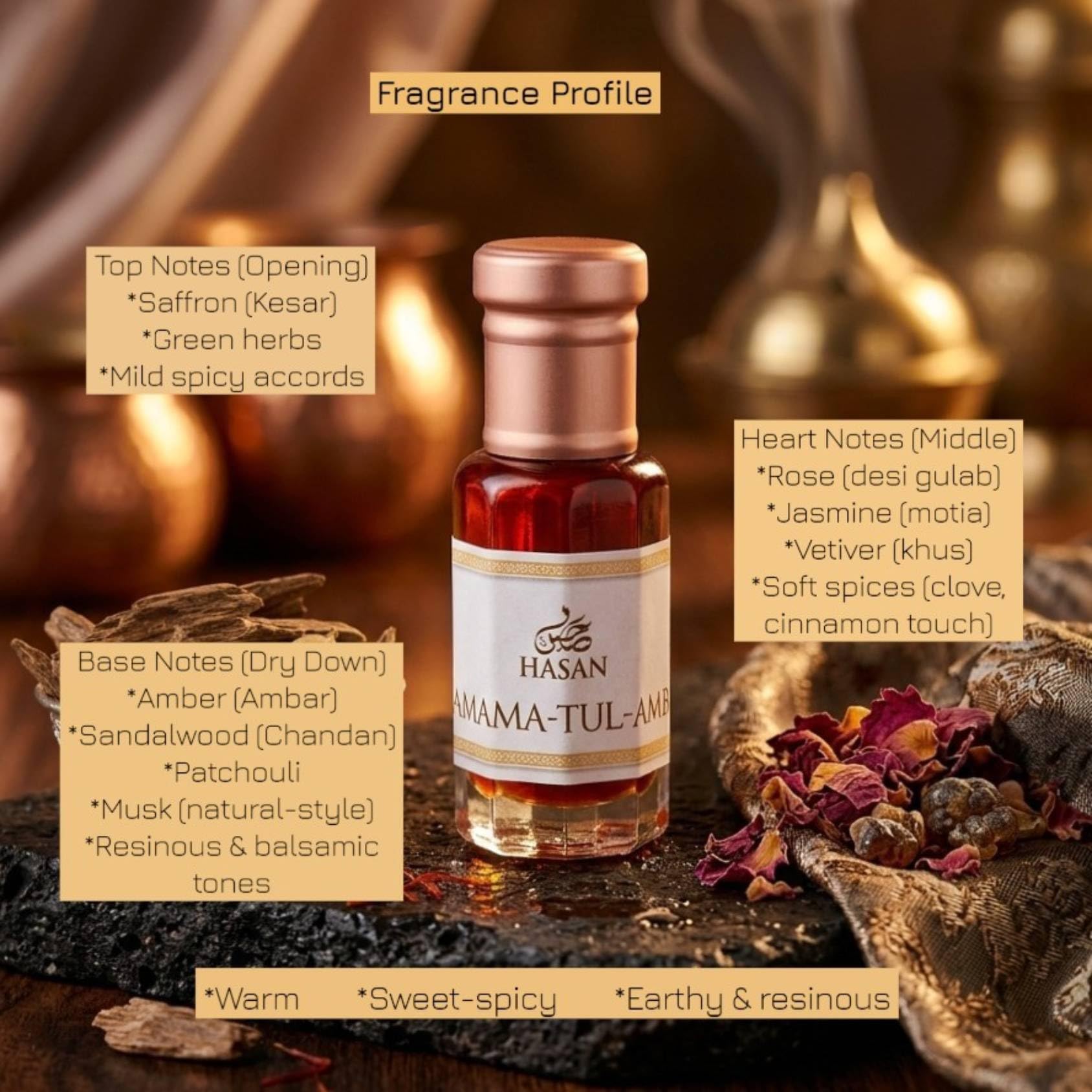HASAN Shamama-tul Ambar Attar, 6ml Roll-On Perfume Oil, Alcohol-Free Traditional Kannauj Fragrance, Unisex - front view