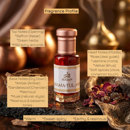 HASAN Shamama-tul Ambar Attar, 6ml Roll-On Perfume Oil, Alcohol-Free Traditional Kannauj Fragrance, Unisex - front view