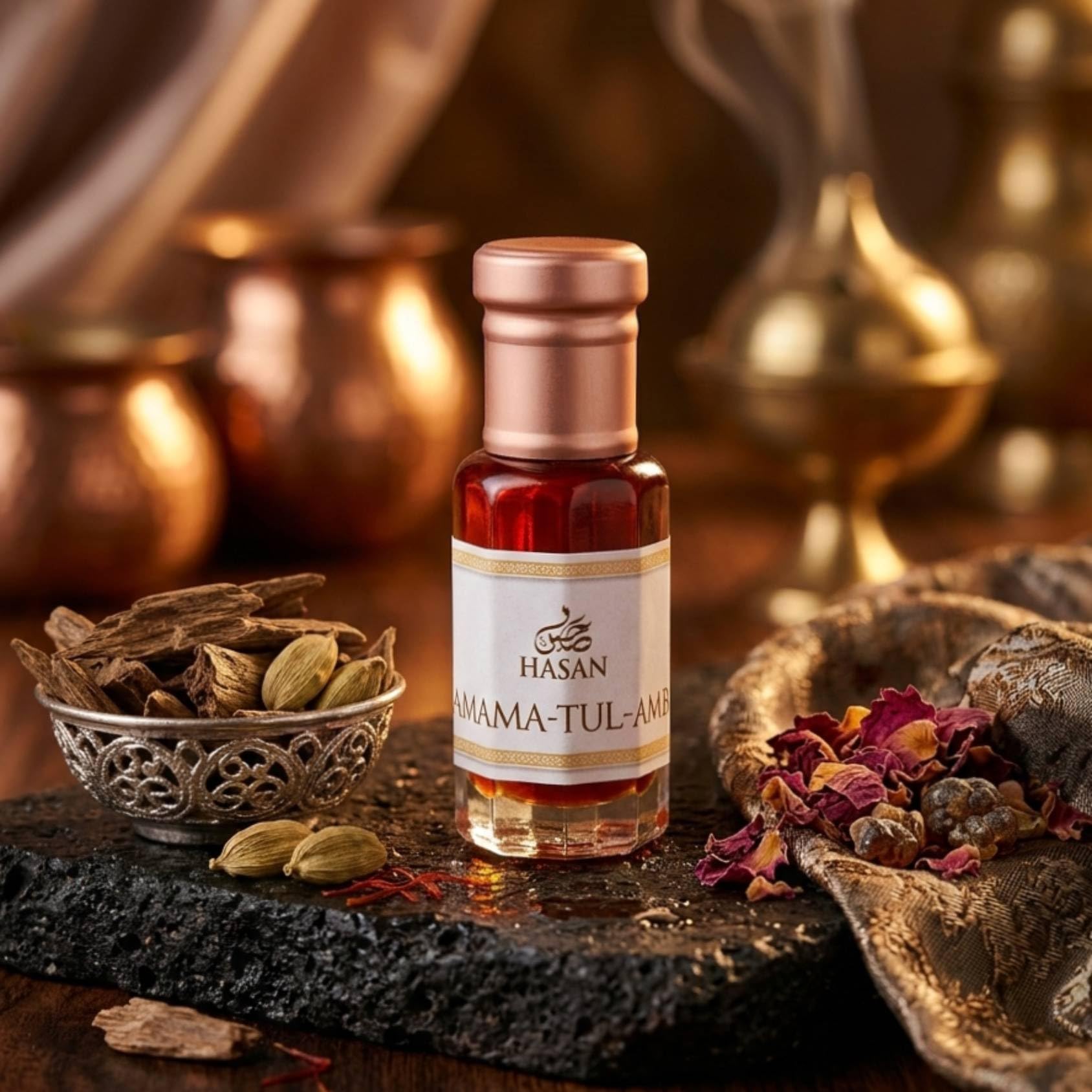 HASAN Shamama-tul Ambar Attar, 6ml Roll-On Perfume Oil, Alcohol-Free Traditional Kannauj Fragrance, Unisex - packaging