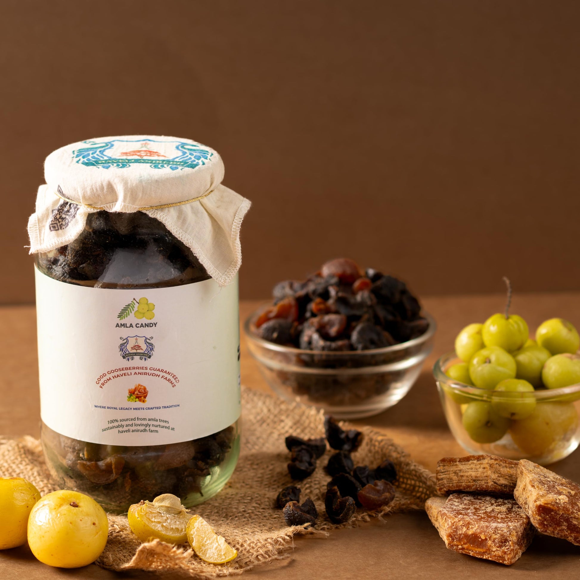 Haveli Anirudh Amla Gur Candy | Traditional Amla Candy with Jaggery | No Preservatives | Glass Jar - front view