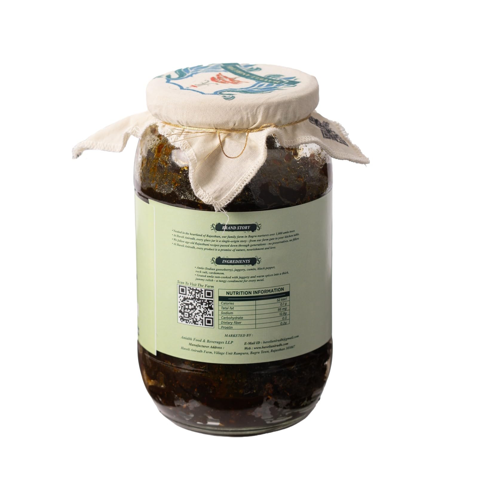 Haveli Anirudh Amla Gur Murabba, Whole Gooseberry Preserve in Jaggery with Cardamom, 200g, Glass Jar - ingredients panel (11)