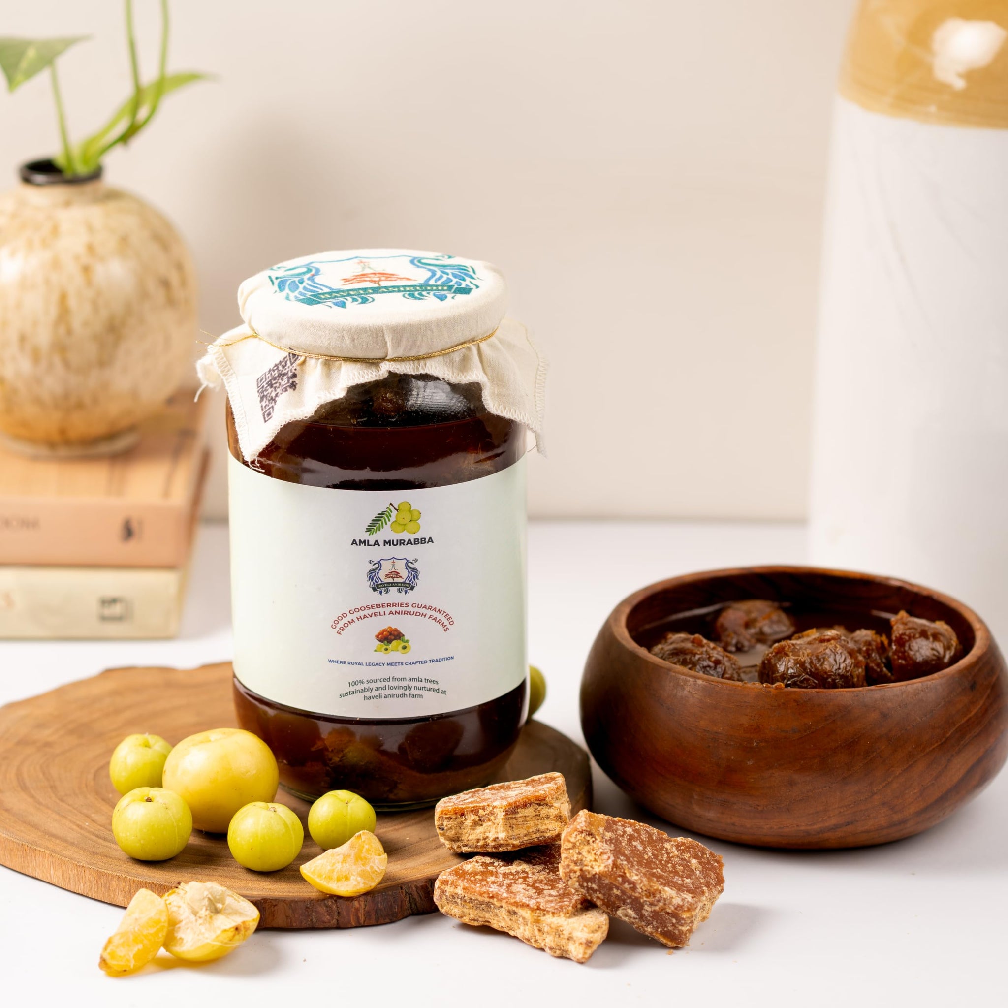 Haveli Anirudh Amla Gur Murabba, Whole Gooseberry Preserve in Jaggery with Cardamom, 200g, Glass Jar - front view