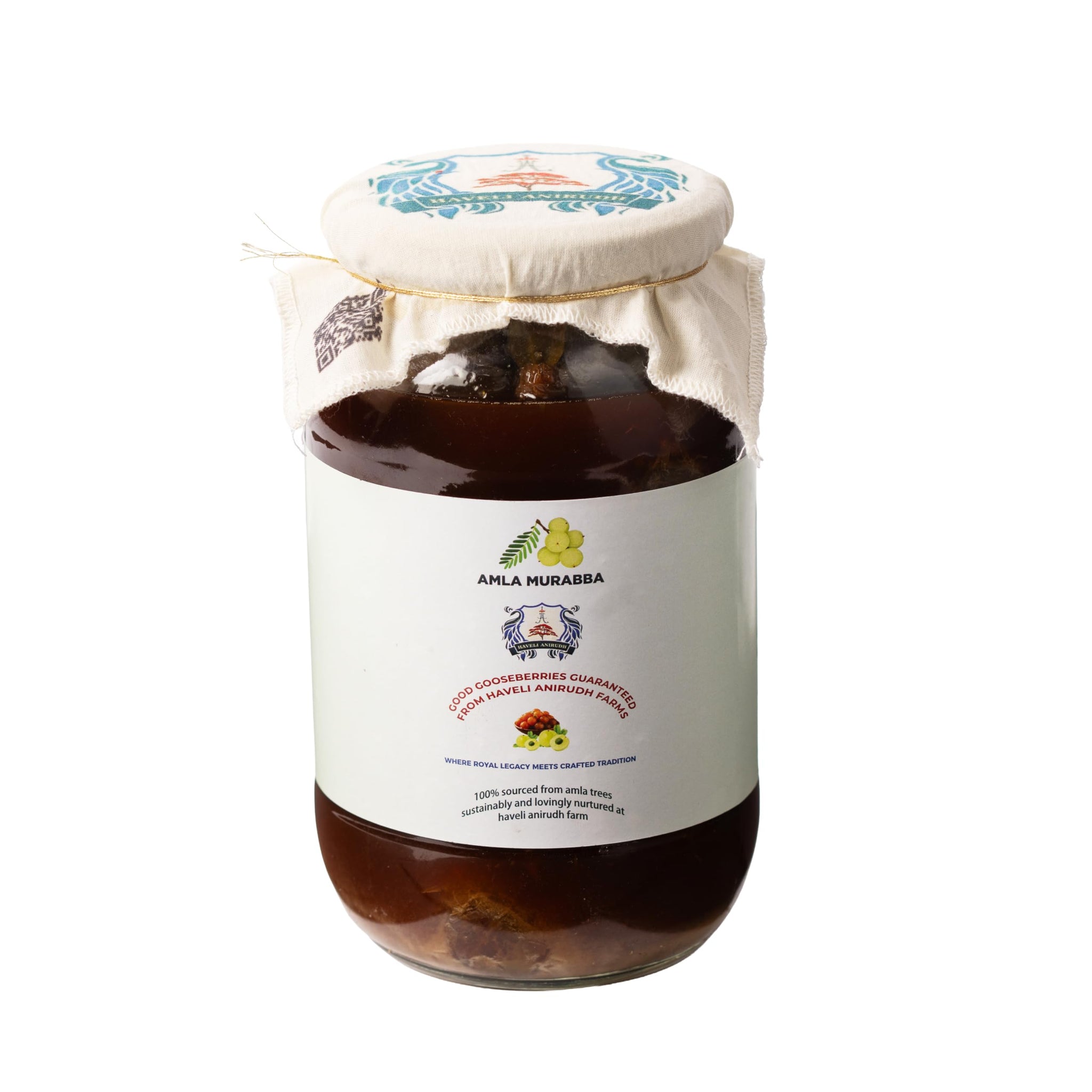 Haveli Anirudh Amla Gur Murabba, Whole Gooseberry Preserve in Jaggery with Cardamom, 200g, Glass Jar - back view