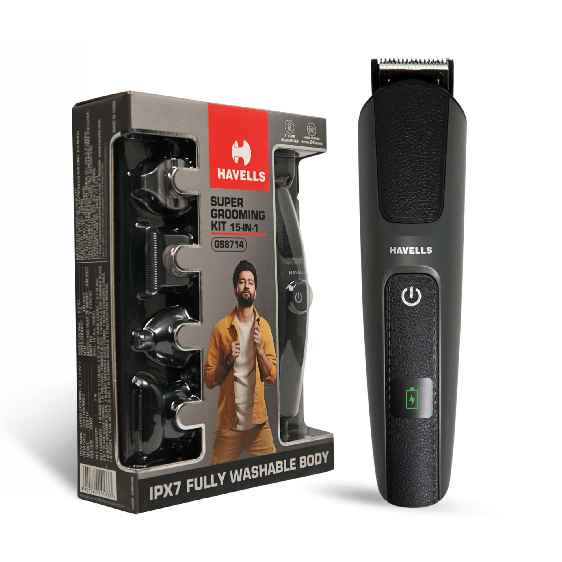 Havells Super Grooming Kit GS8714, 15-in-1 Men's Hair Trimmer and Groomer, IPX7 Waterproof, 120 Min Runtime