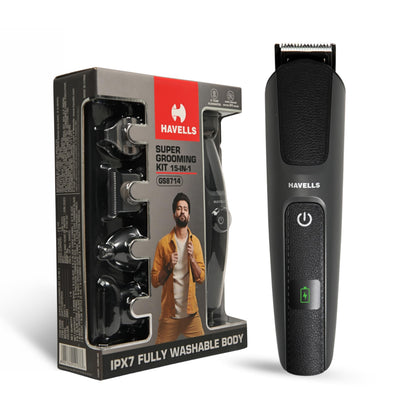 Havells Super Grooming Kit GS8714, 15-in-1 Men's Hair Trimmer and Groomer, IPX7 Waterproof, 120 Min Runtime