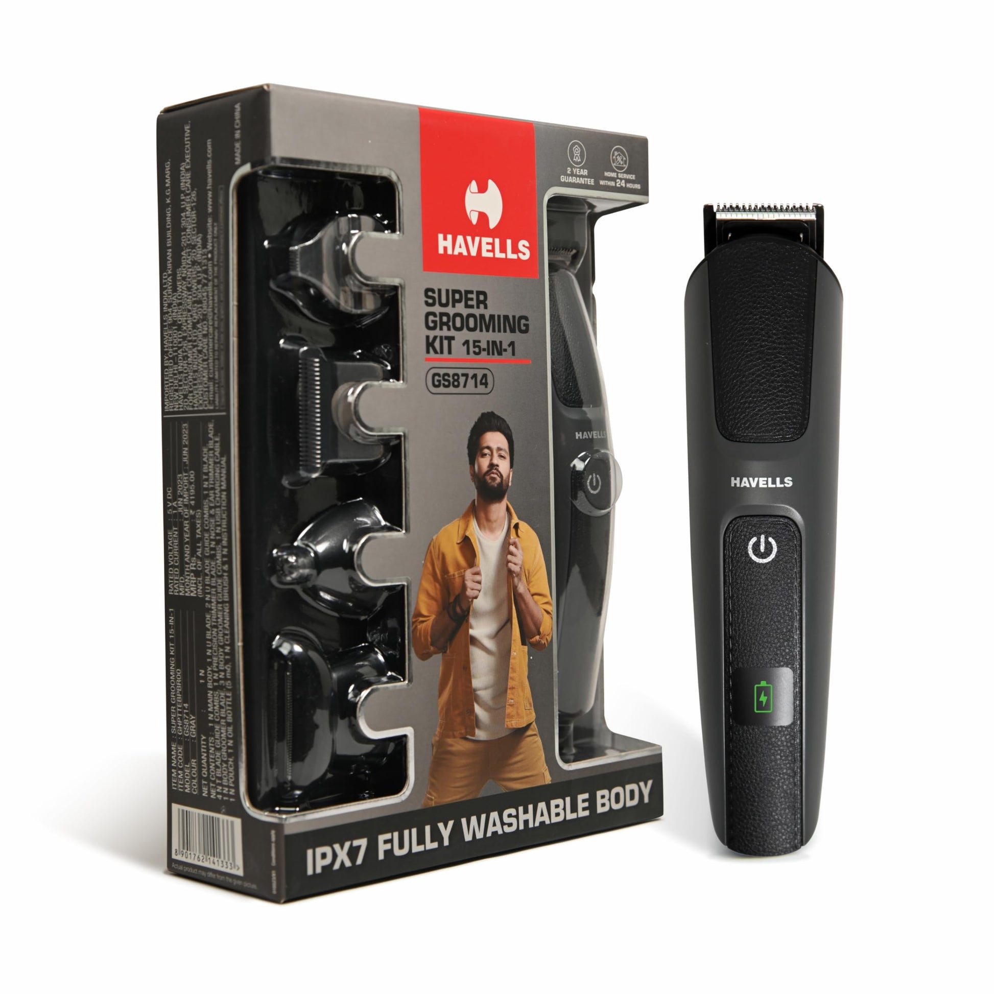Havells Super Grooming Kit GS8714, 15-in-1 Men's Hair Trimmer and Groomer, IPX7 Waterproof, 120 Min Runtime - front view
