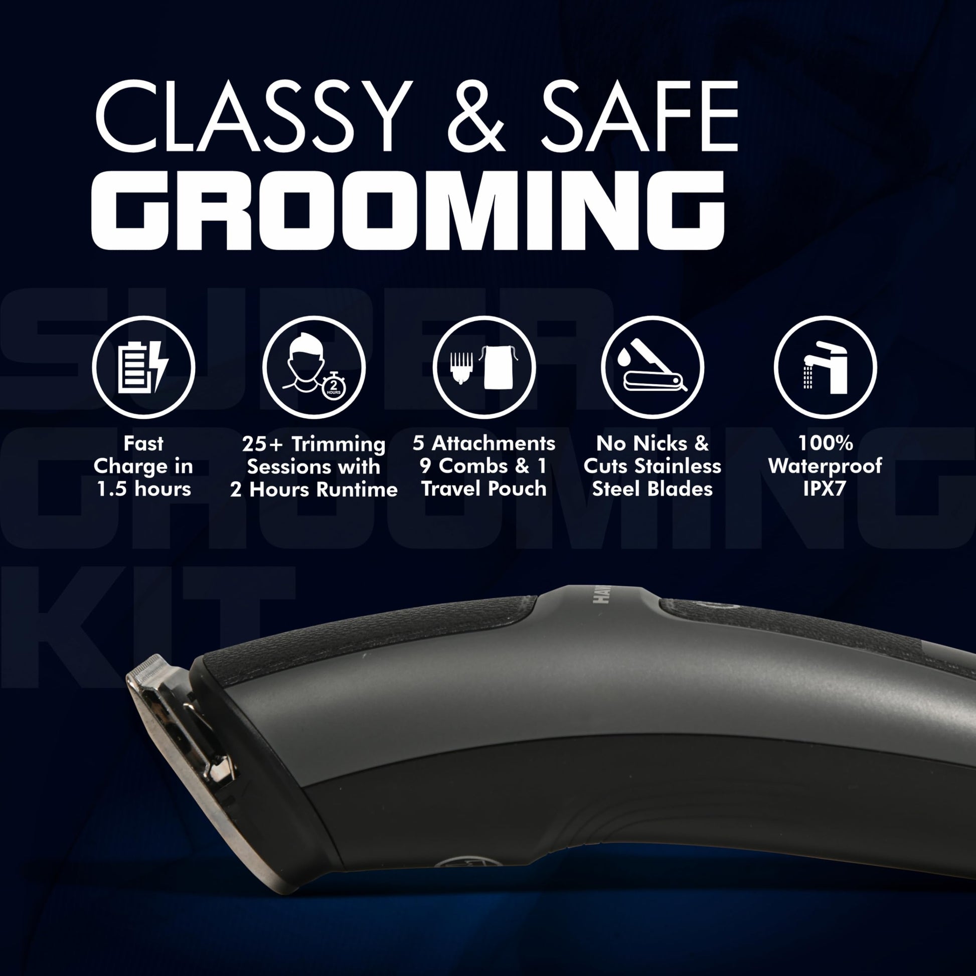 Havells Super Grooming Kit GS8714, 15-in-1 Men's Hair Trimmer and Groomer, IPX7 Waterproof, 120 Min Runtime - back view