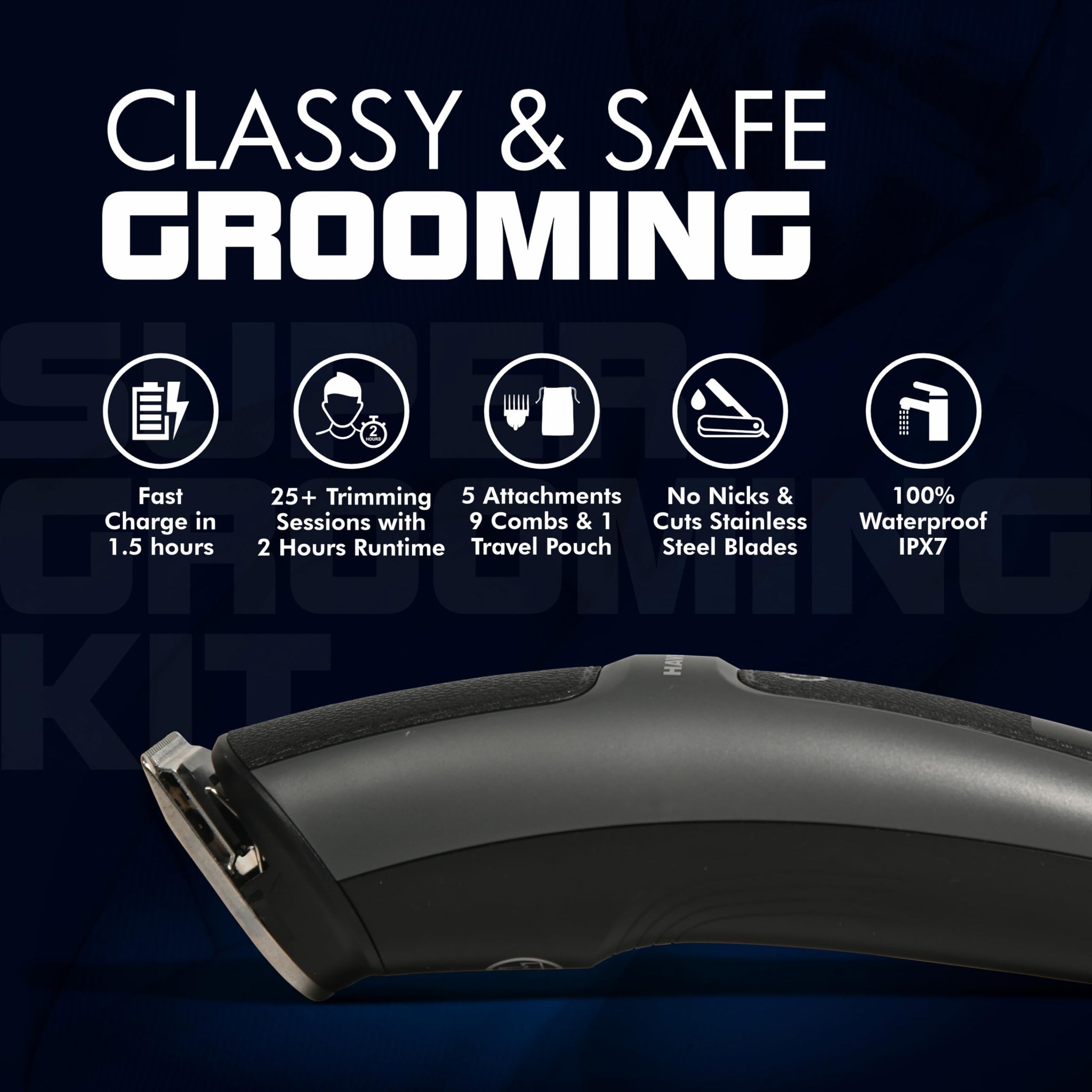 Havells Super Grooming Kit GS8714, 15-in-1 Men's Hair Trimmer and Groomer, IPX7 Waterproof, 120 Min Runtime - back view