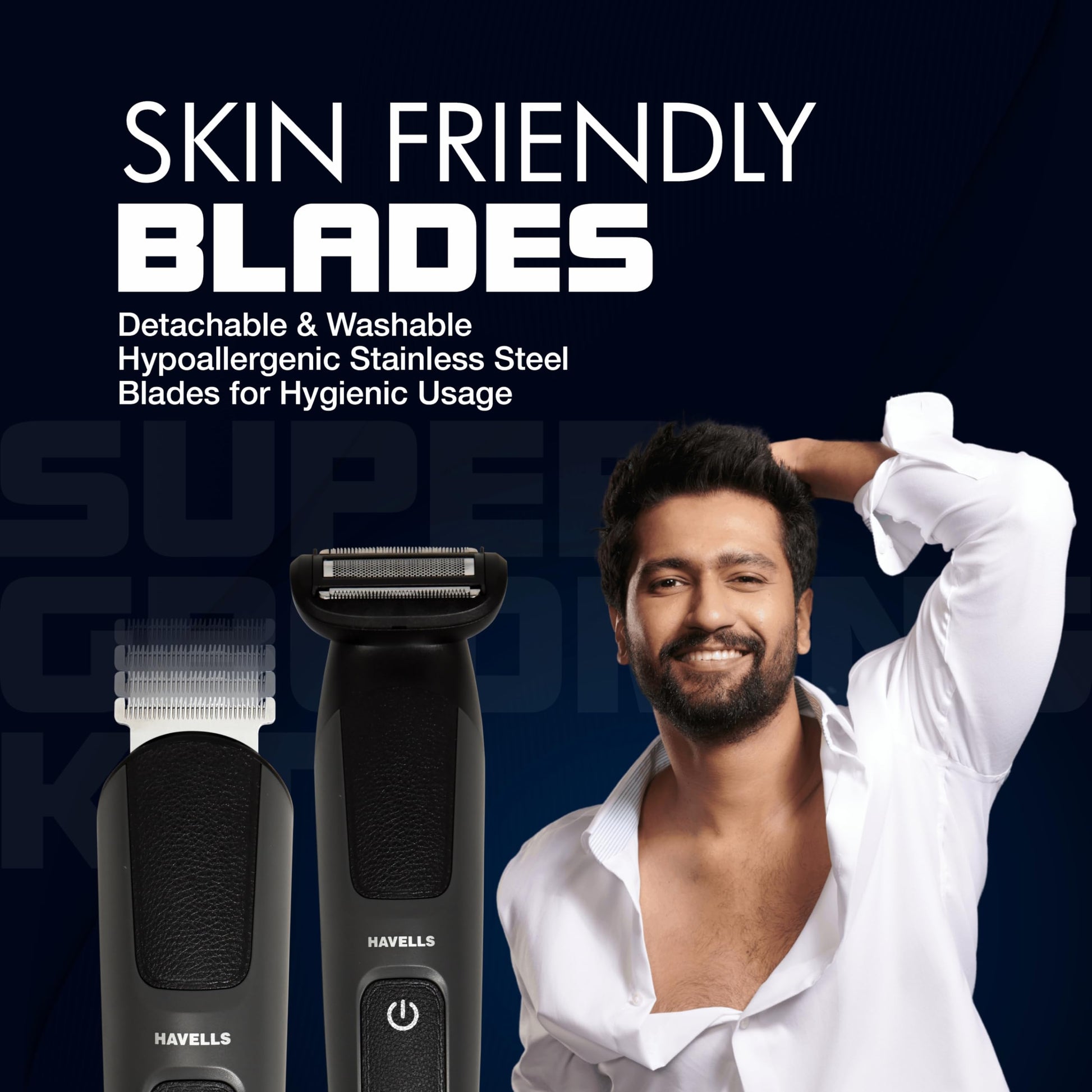 Havells Super Grooming Kit GS8714, 15-in-1 Men's Hair Trimmer and Groomer, IPX7 Waterproof, 120 Min Runtime - label detail