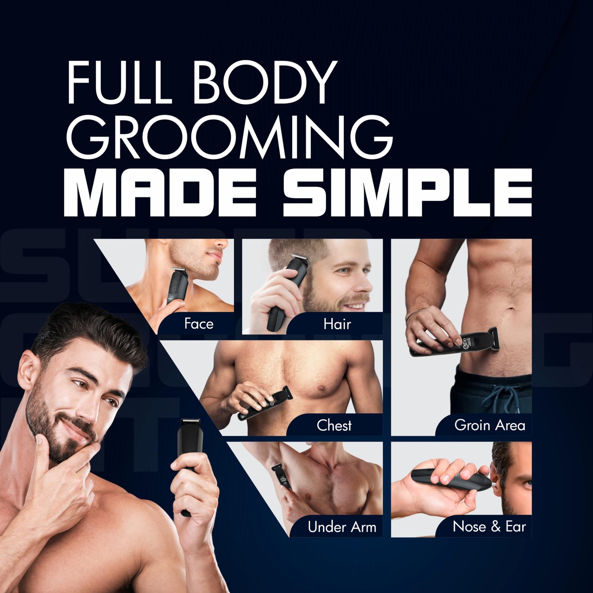 Havells Super Grooming Kit GS8714, 15-in-1 Men's Hair Trimmer and Groomer, IPX7 Waterproof, 120 Min Runtime - ingredients pan