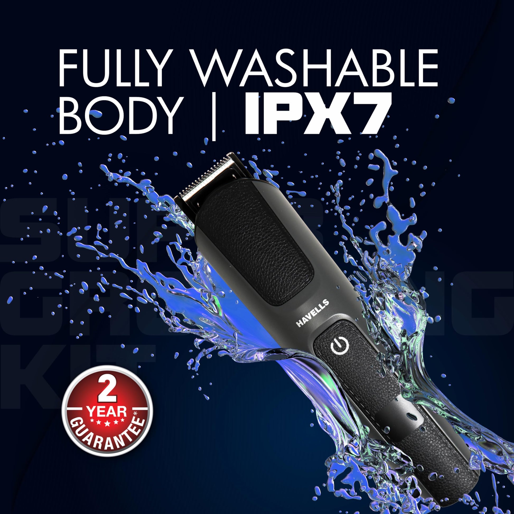 Havells Super Grooming Kit GS8714, 15-in-1 Men's Hair Trimmer and Groomer, IPX7 Waterproof, 120 Min Runtime - close-up detail