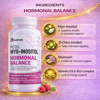 HAYER PCOS Supplement, 60 Tablets, Myo-Inositol with D-Chiro Inositol & Shatavari, Vegetarian, GMP Manufactured - label detai