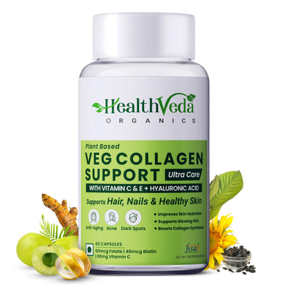 Health Veda Organics Veg Collagen Support | 60 Veg Capsules | Plant-Based Formula with Vitamin C & Biotin | Skin, Hair & Nail