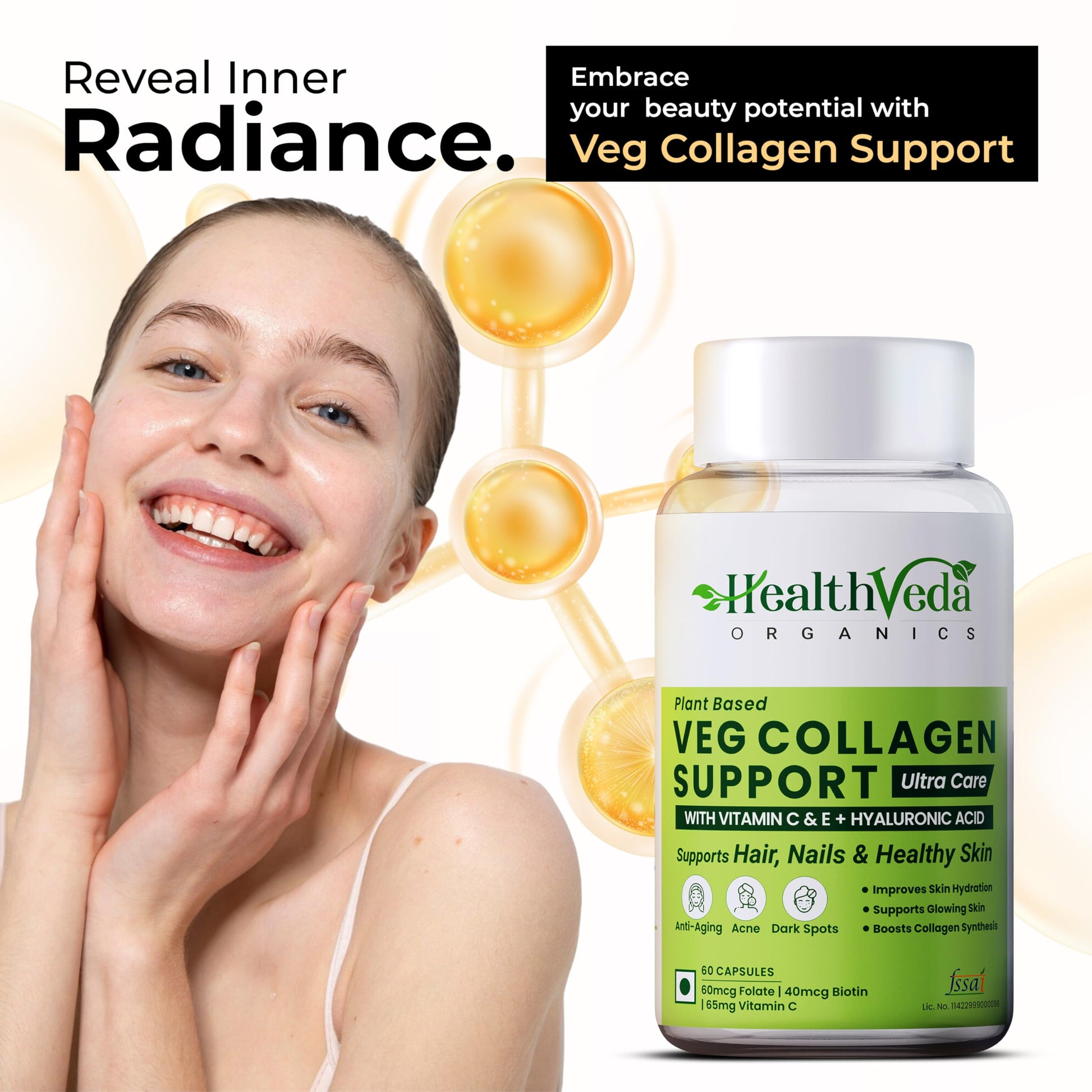 Health Veda Organics Veg Collagen Support | 60 Veg Capsules | Plant-Based Formula with Vitamin C & Biotin | Skin, Hair & Nail