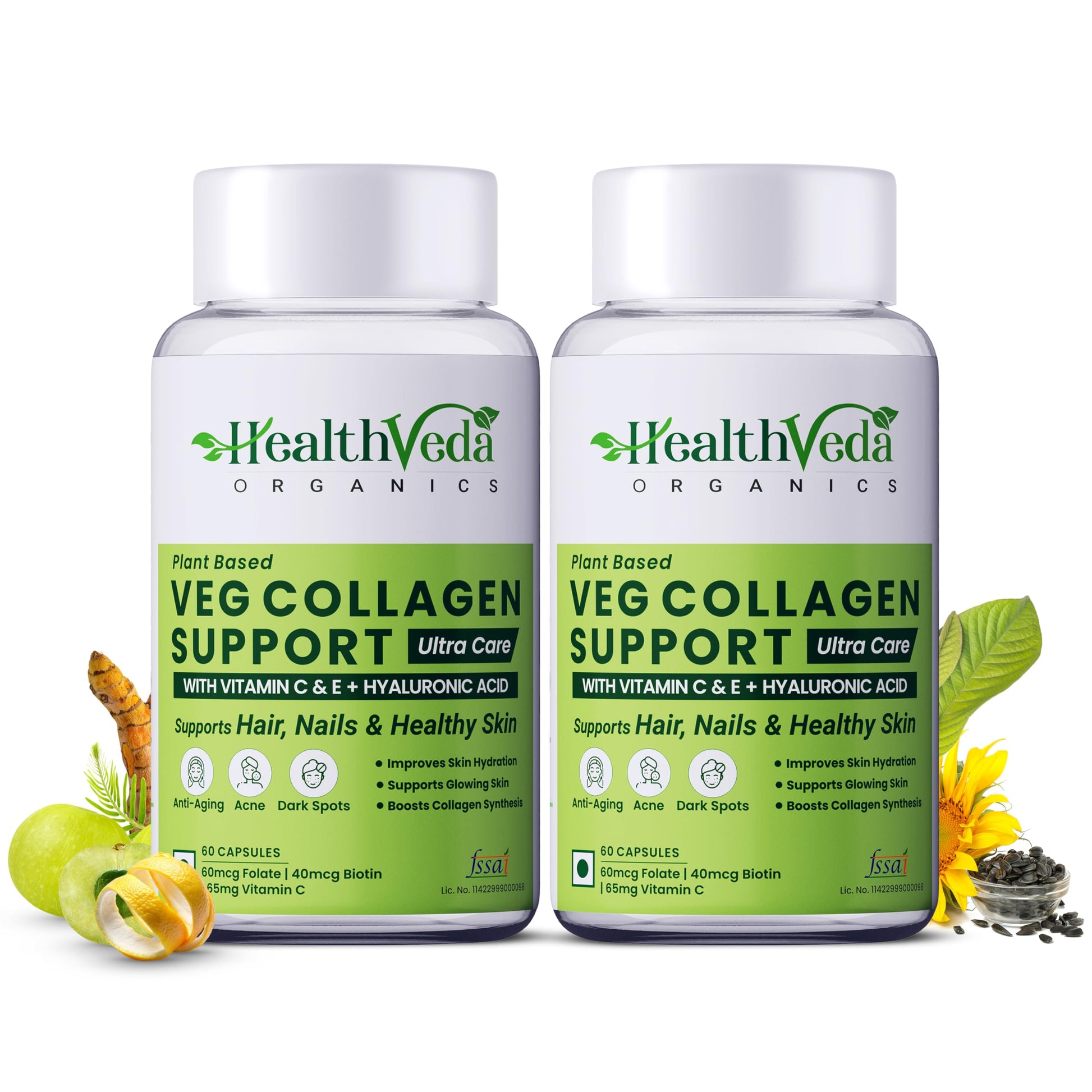 Health Veda Organics Veg Collagen Support | 60 Veg Capsules | Plant-Based Formula with Vitamin C & Biotin | Skin, Hair & Nail