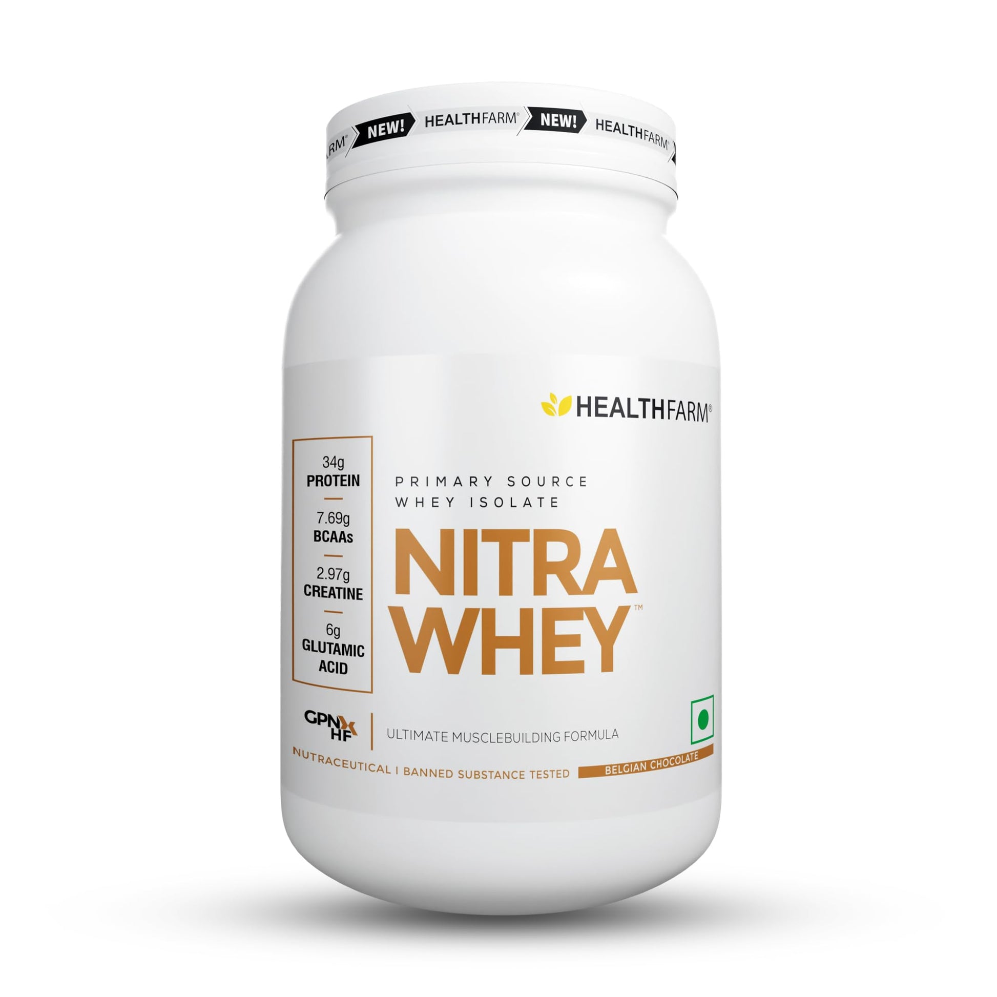 HEALTHFARM Nitra Whey Protein Powder, Belgian Chocolate, 1kg, 34g Protein, 3g Creatine, Whey Isolate & Concentrate Blend