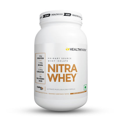 HEALTHFARM Nitra Whey Protein Powder, Belgian Chocolate, 1kg, 34g Protein, 3g Creatine, Whey Isolate & Concentrate Blend