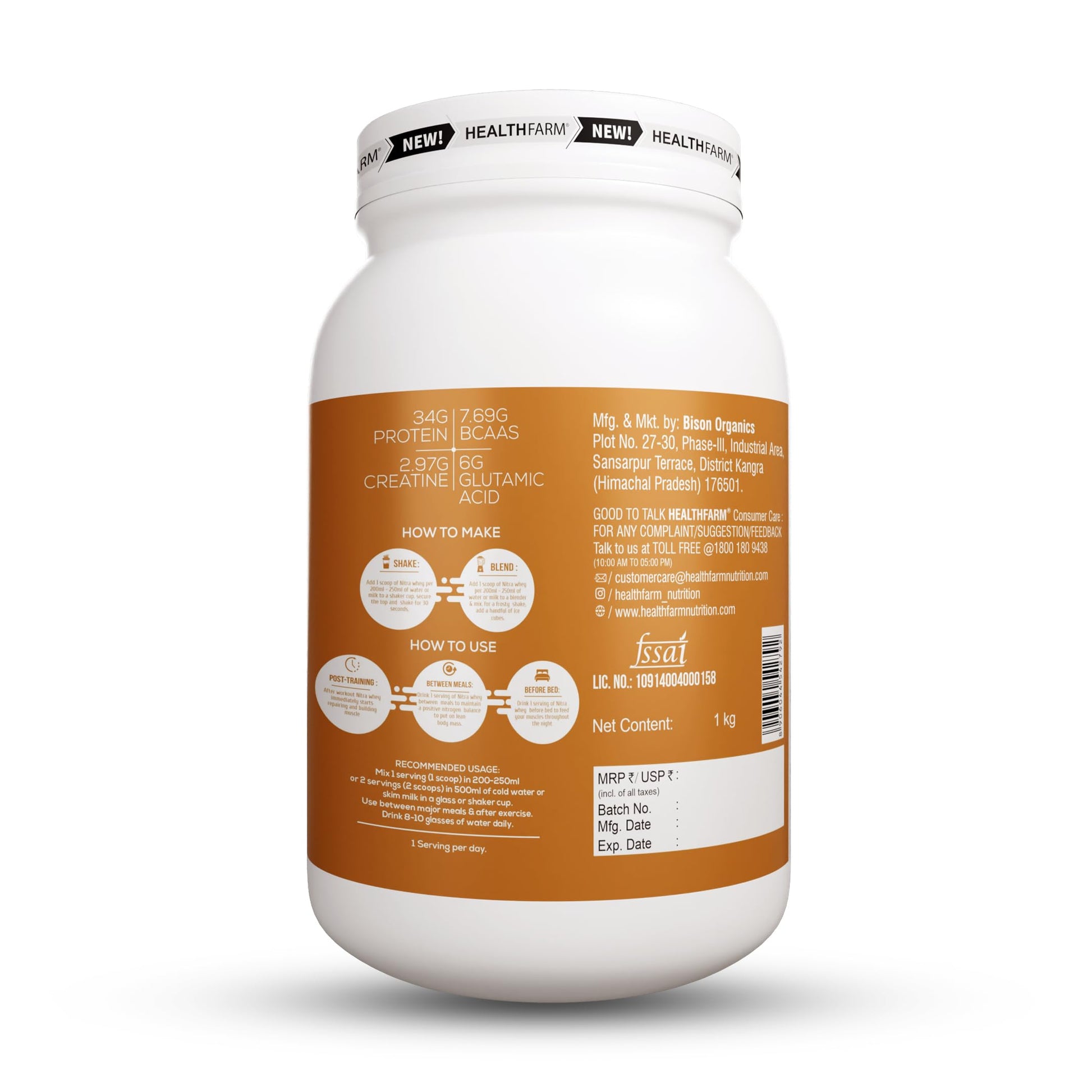 HEALTHFARM Nitra Whey Protein Powder, Belgian Chocolate, 1kg, 34g Protein, 3g Creatine, Whey Isolate & Concentrate Blend - fr