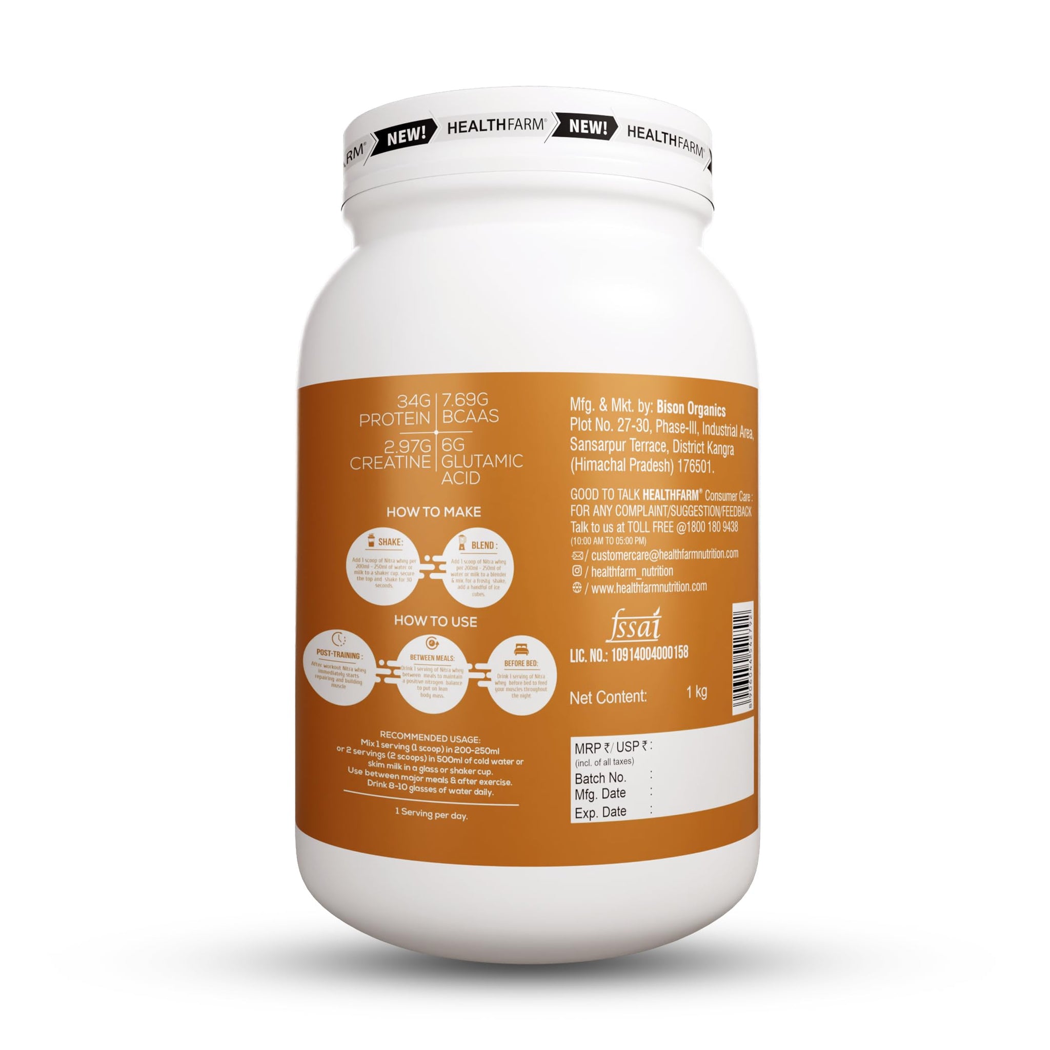 HEALTHFARM Nitra Whey Protein Powder, Belgian Chocolate, 1kg, 34g Protein, 3g Creatine, Whey Isolate & Concentrate Blend - fr